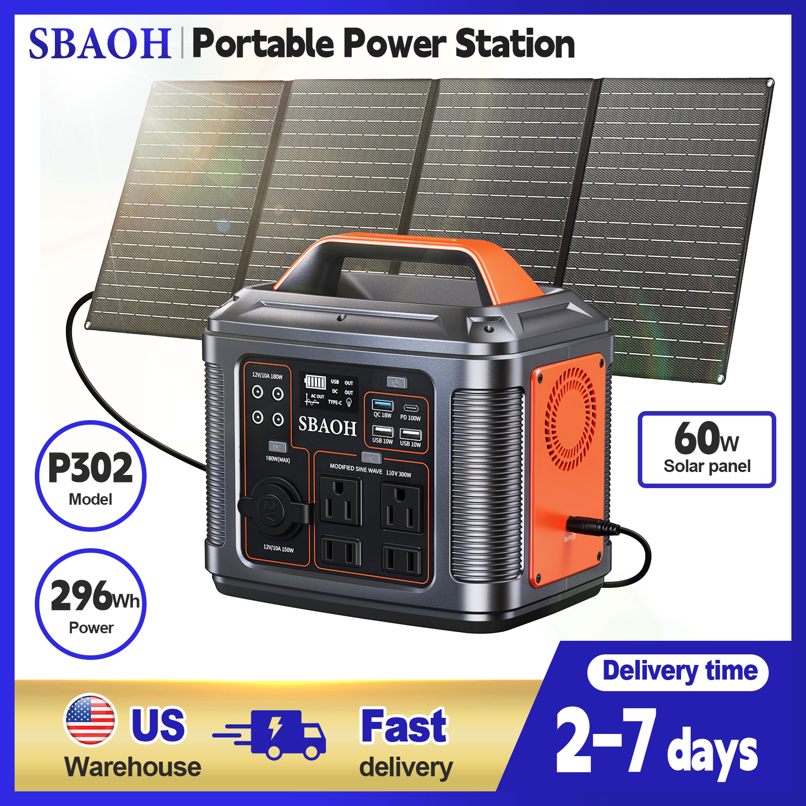 Solar Powered Charger - 300W Portable Power Station, 296Wh 80000mAh